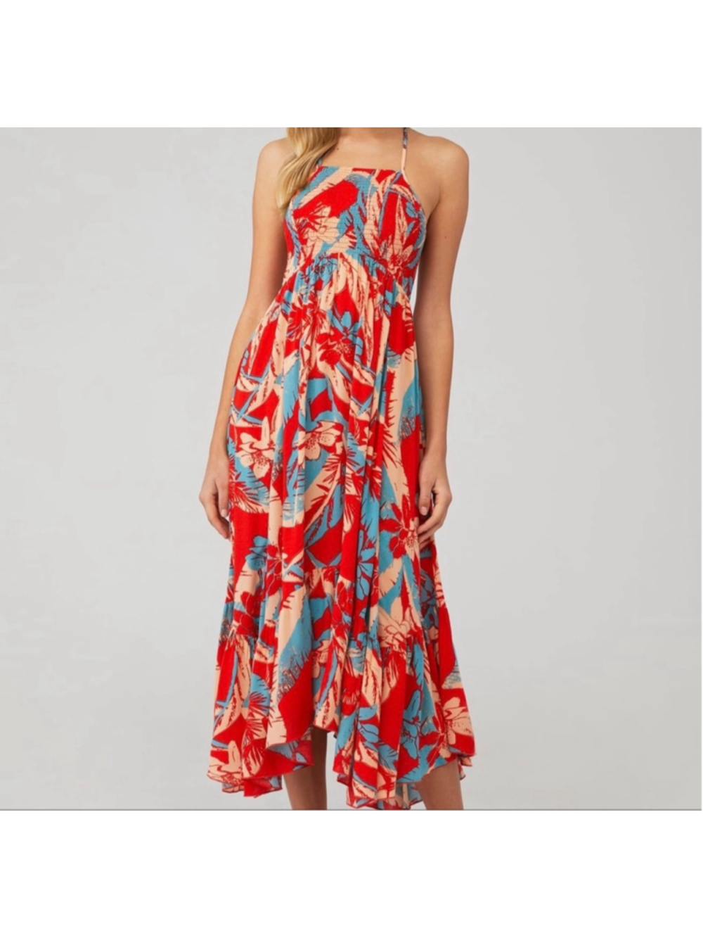 Free People Heat Wave Printed Maxi Dress, Red Tropical Floral Handkerchief Slip,